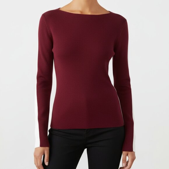 NWT modern minimalist two color knit top COMMENSE XS berry off white XS - Picture 4 of 12